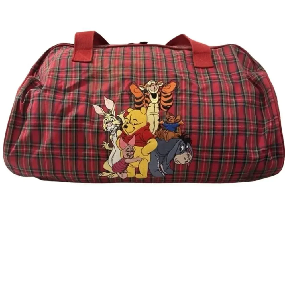 Vintage 90s Disney Store Winnie The Pooh & Friends Red Plaid Duffle Bag Large